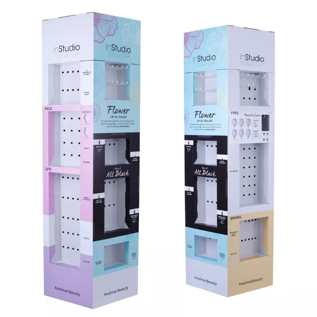 Custom Floor Makeup Cosmetics Cardboard Display Stand Paper Rack With Hooks